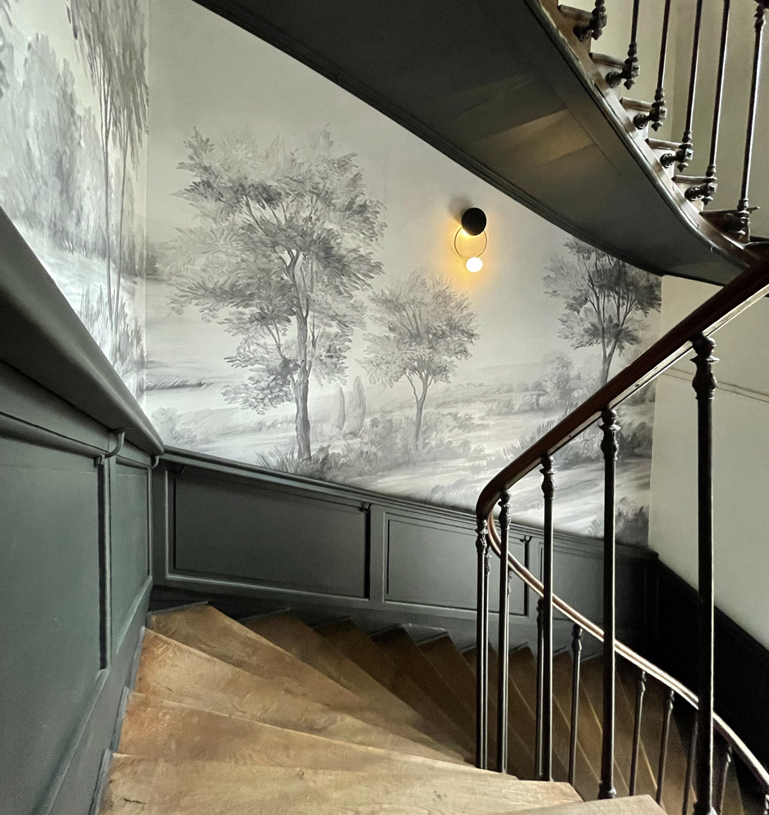 Escalier de château avec papier peint panoramique arboré et soubassements décoratifs